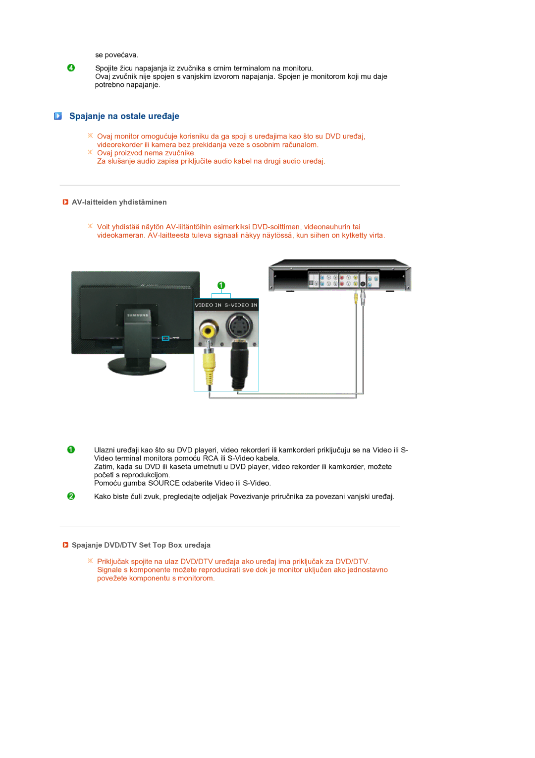 Samsung LS24HUCEBQ/EDC manual Spajanje na ostale uređaje, AV-laitteiden yhdistäminen, Spajanje DVD/DTV Set Top Box uređaja 