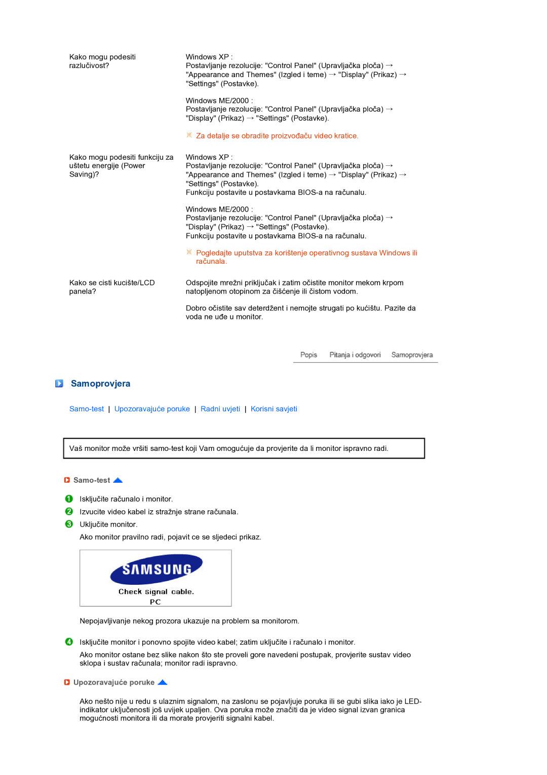 Samsung LS24HUCEBQ/EDC manual Samoprovjera, Samo-test, Upozoravajuće poruke 