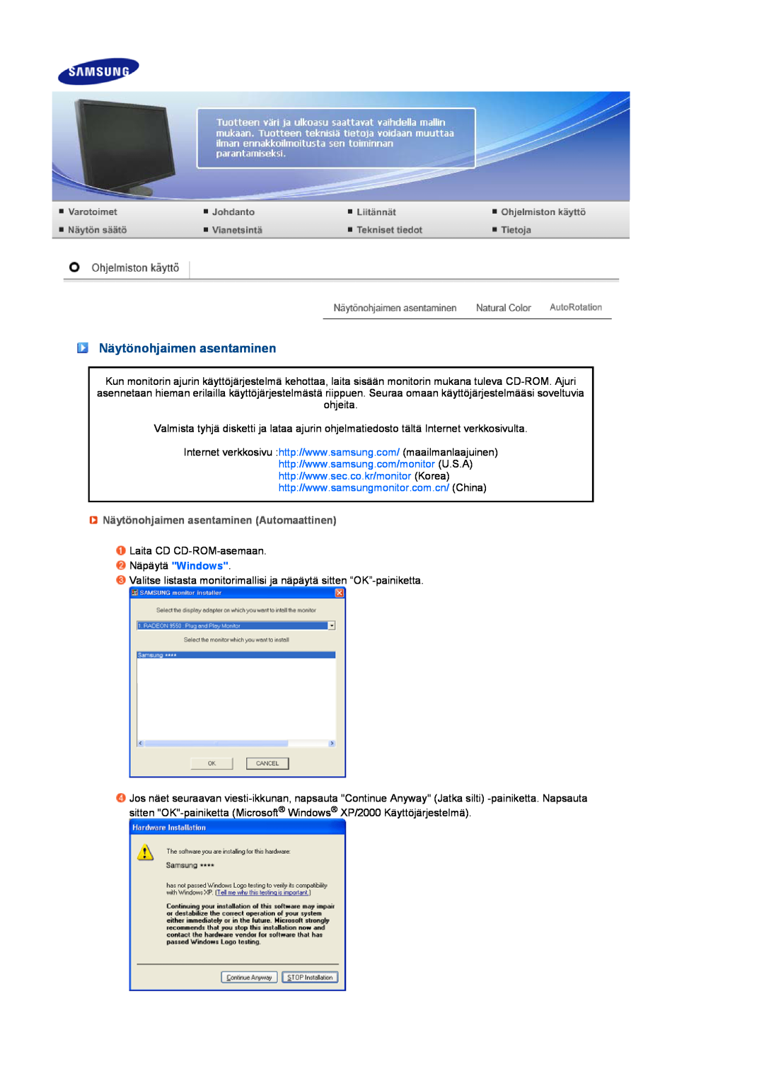 Samsung LS24HUCEBQ/EDC manual Näytönohjaimen asentaminen Automaattinen 