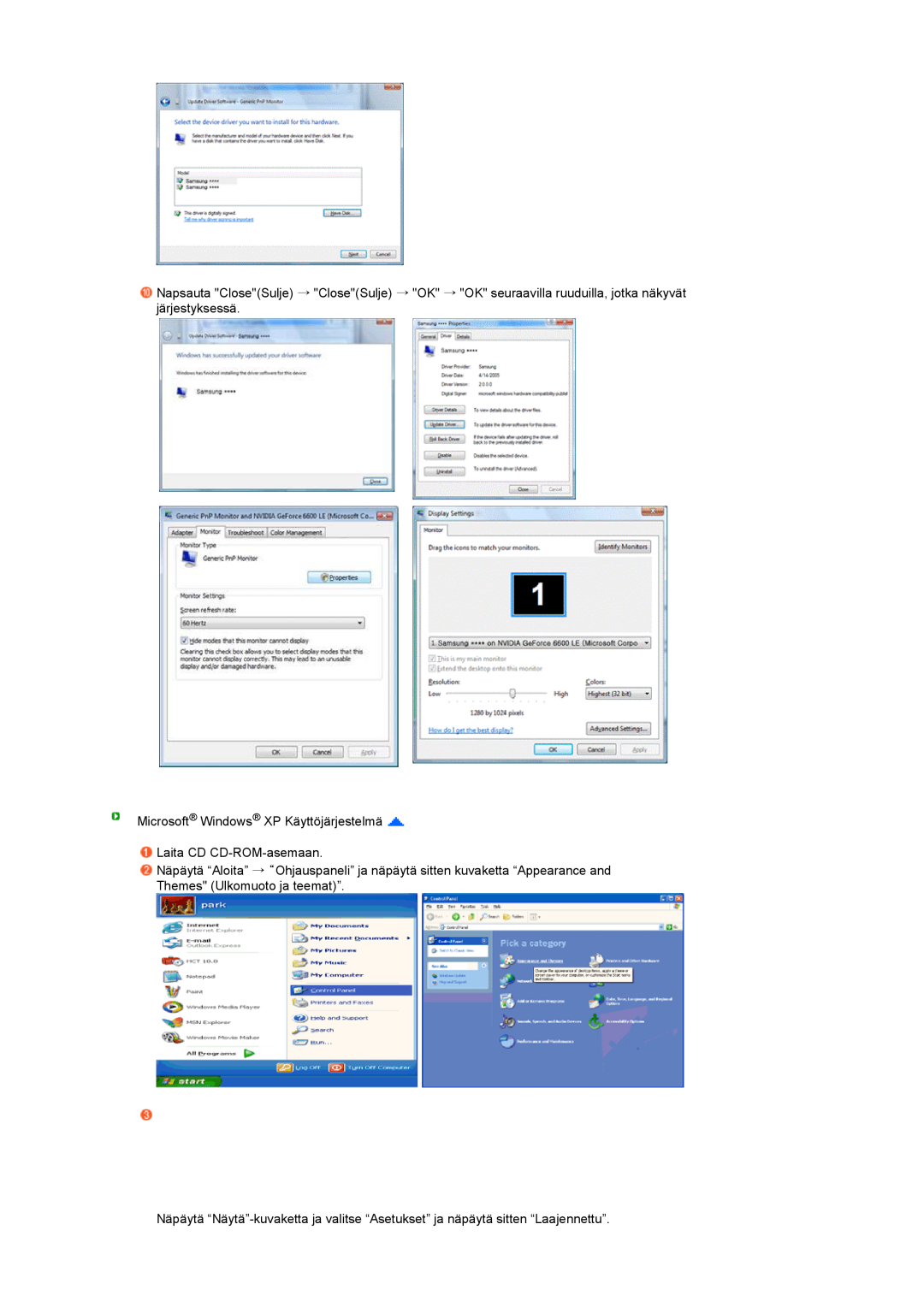 Samsung LS24HUCEBQ/EDC manual Microsoft Windows XP Käyttöjärjestelmä Laita CD CD-ROM-asemaan 