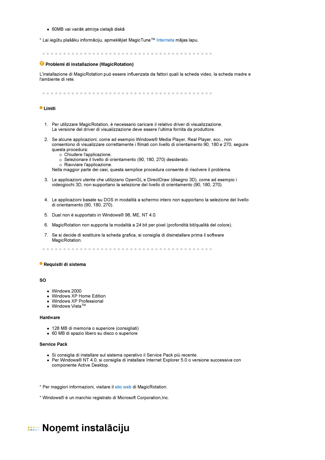 Samsung LS24HUCEBQ/EDC manual Noņemt instalāciju, Problemi di installazione MagicRotation, Limiti, Requisiti di sistema SO 