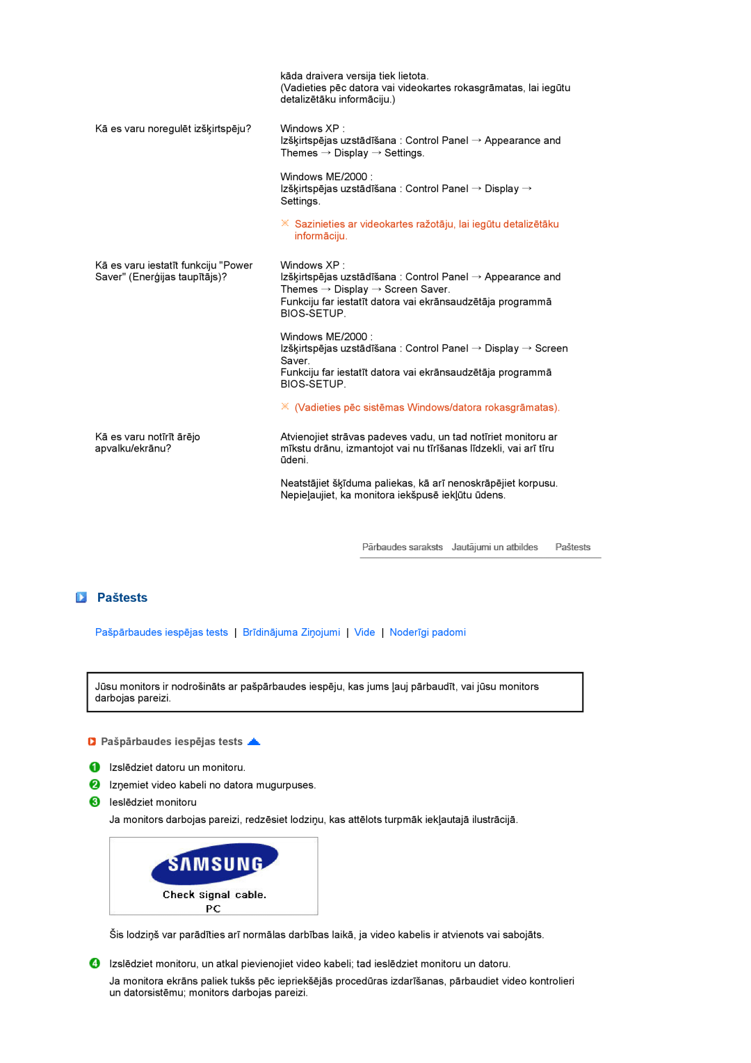 Samsung LS24HUCEBQ/EDC manual Paštests, Vadieties pēc sistēmas Windows/datora rokasgrāmatas, Pašpārbaudes iespējas tests 