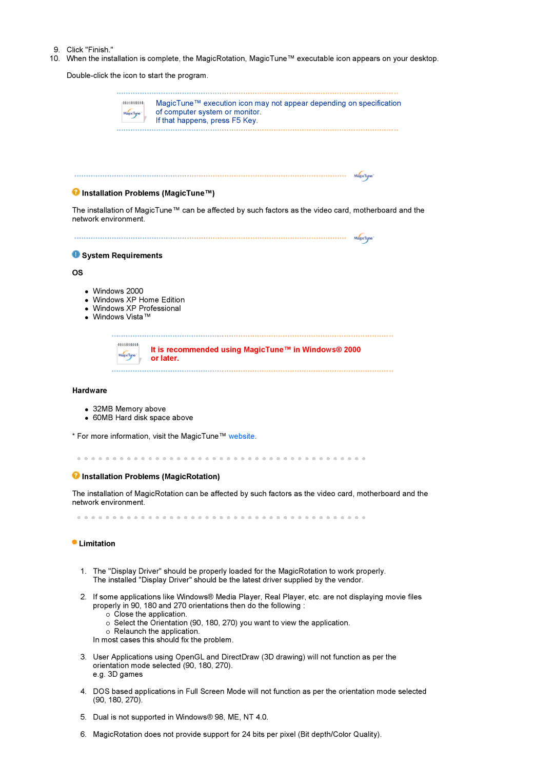 Samsung LS24HUCEBS/EDC, LS24HUCESQ/EDC, LS24HUCEBQ/EDC manual It is recommended using MagicTune in Windows 2000 or later 