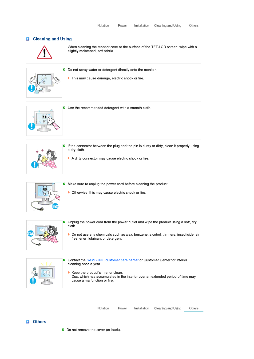 Samsung LS24HUCESQ/EDC, LS24HUCEBS/EDC, LS24HUCEBQ/EDC, LS24HUCEB7/CI, LS24HUCEBQSEDC manual Cleaning and Using, Others 