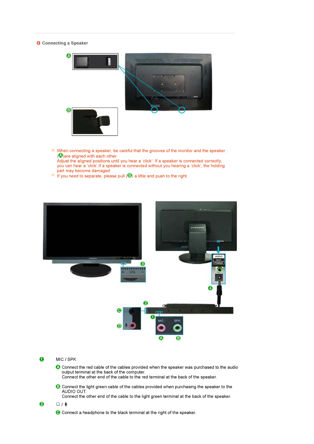 Samsung LS24HUCEBS/EDC, LS24HUCESQ/EDC, LS24HUCEBQ/EDC, LS24HUCEB7/CI, LS24HUCEBQSEDC manual Connecting a Speaker, Mic / Spk 