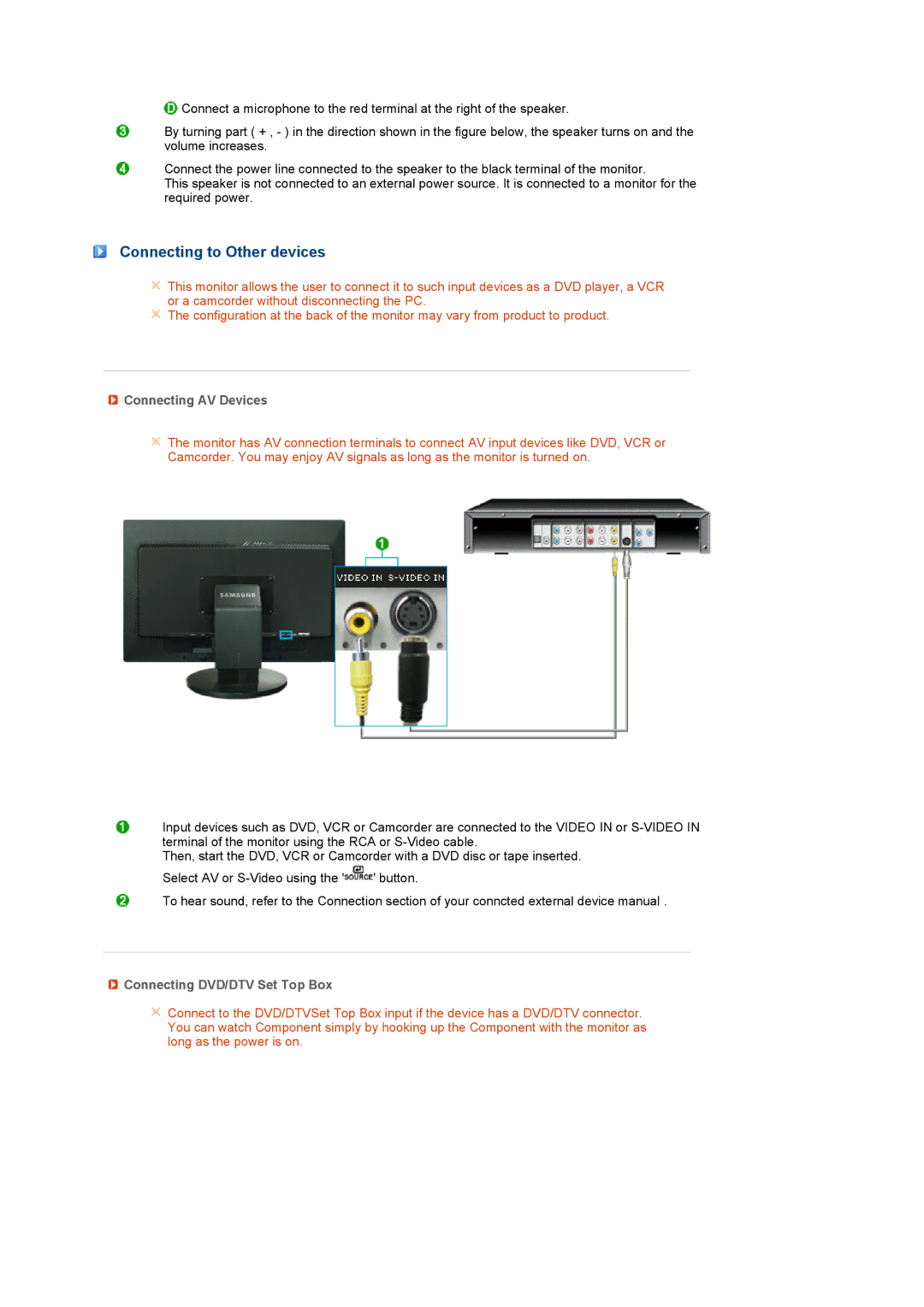 Samsung LS24HUCESQ/EDC, LS24HUCEBS/EDC Connecting to Other devices, Connecting AV Devices, Connecting DVD/DTV Set Top Box 