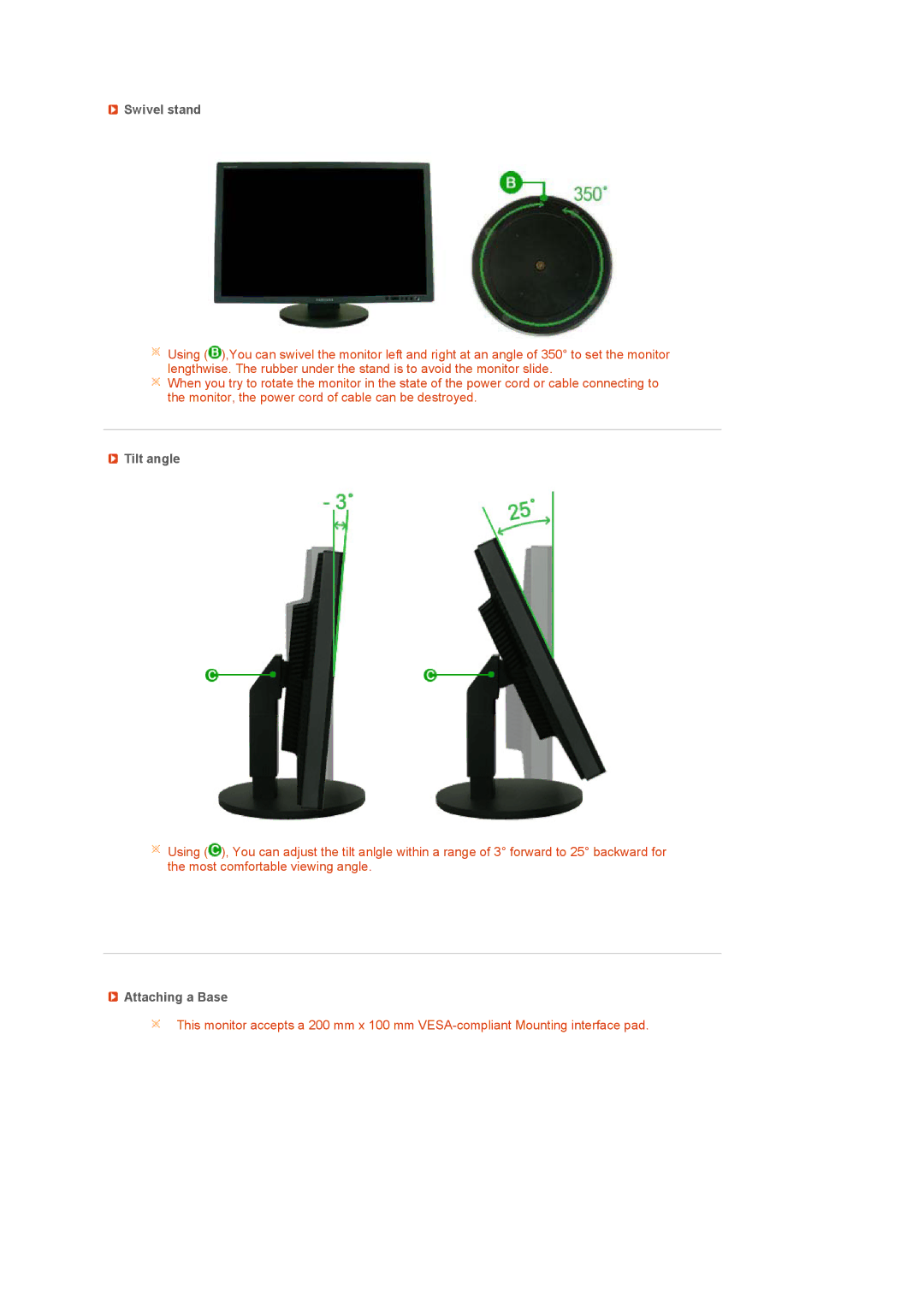 Samsung LS24HUCEBQSEDC, LS24HUCEBS/EDC, LS24HUCESQ/EDC, LS24HUCEBQ/EDC manual Swivel stand, Tilt angle, Attaching a Base 