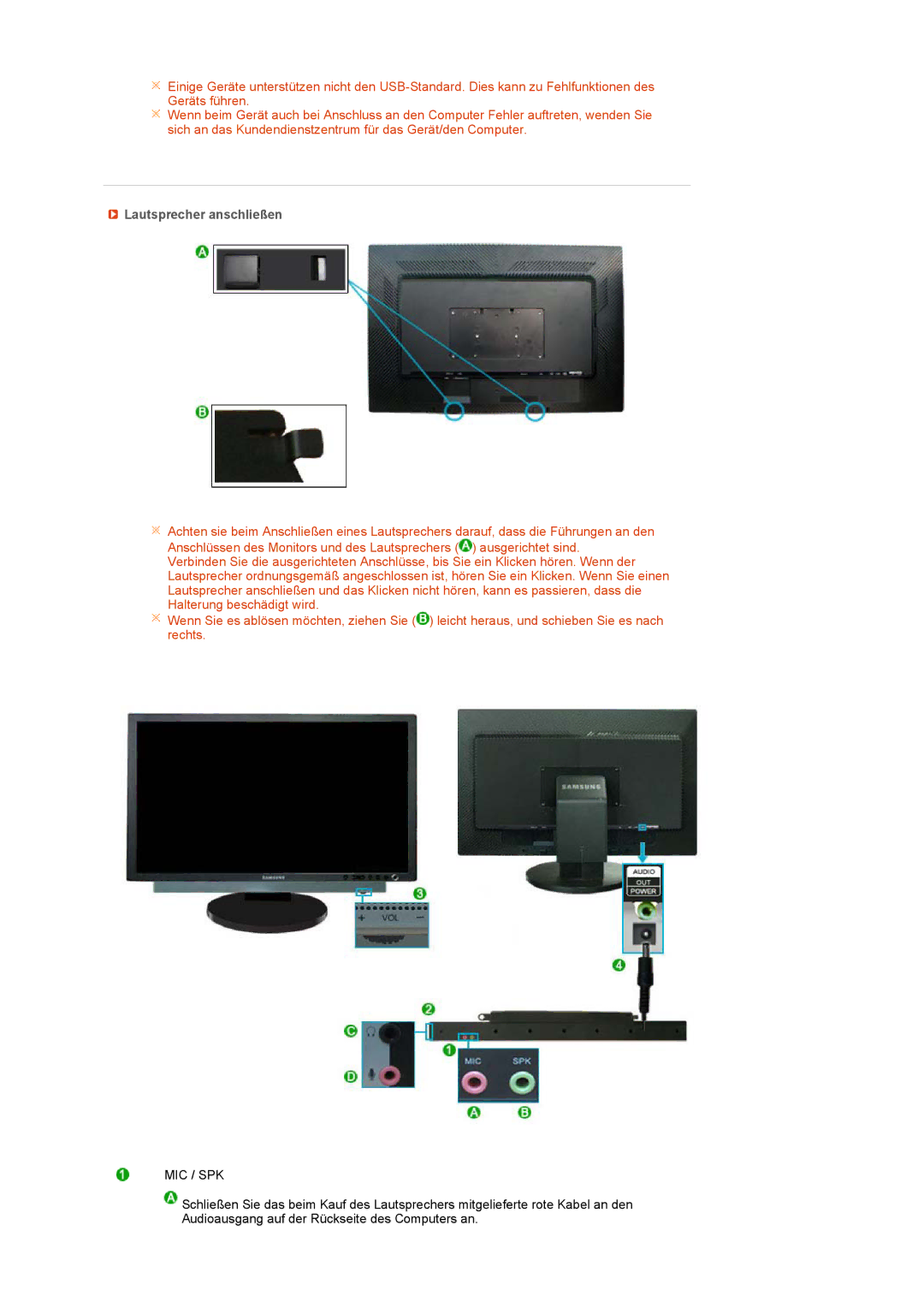 Samsung LS24HUCESQ/EDC, LS24HUCEBS/EDC, LS24HUCEBQ/EDC manual Lautsprecher anschließen, Mic / Spk 