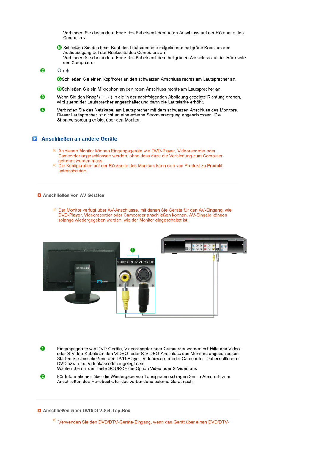 Samsung LS24HUCEBQ/EDC Anschließen an andere Geräte, Anschließen von AV-Geräten, Anschließen einer DVD/DTV-Set-Top-Box 