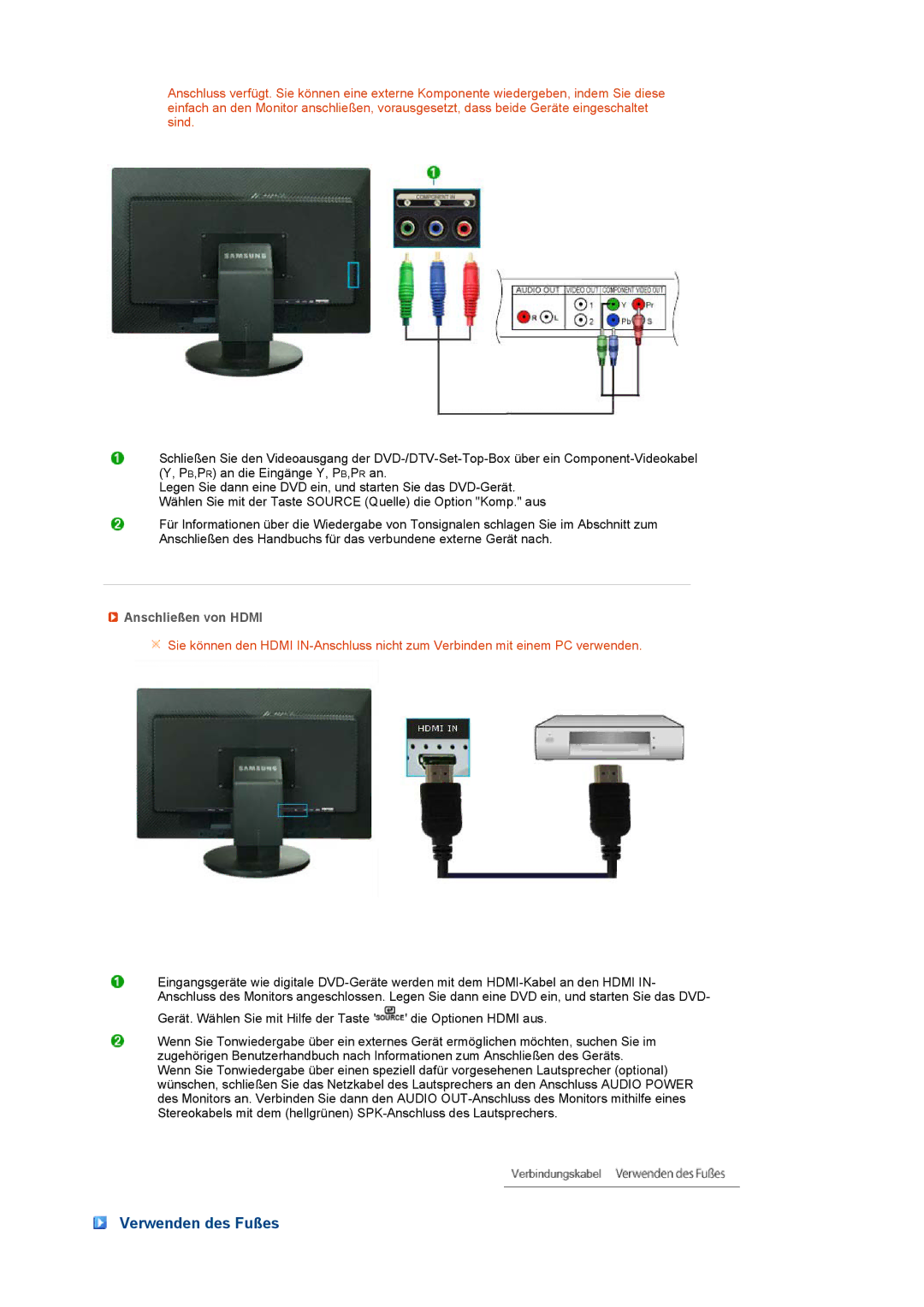 Samsung LS24HUCEBS/EDC, LS24HUCESQ/EDC, LS24HUCEBQ/EDC manual Verwenden des Fußes, Anschließen von Hdmi 