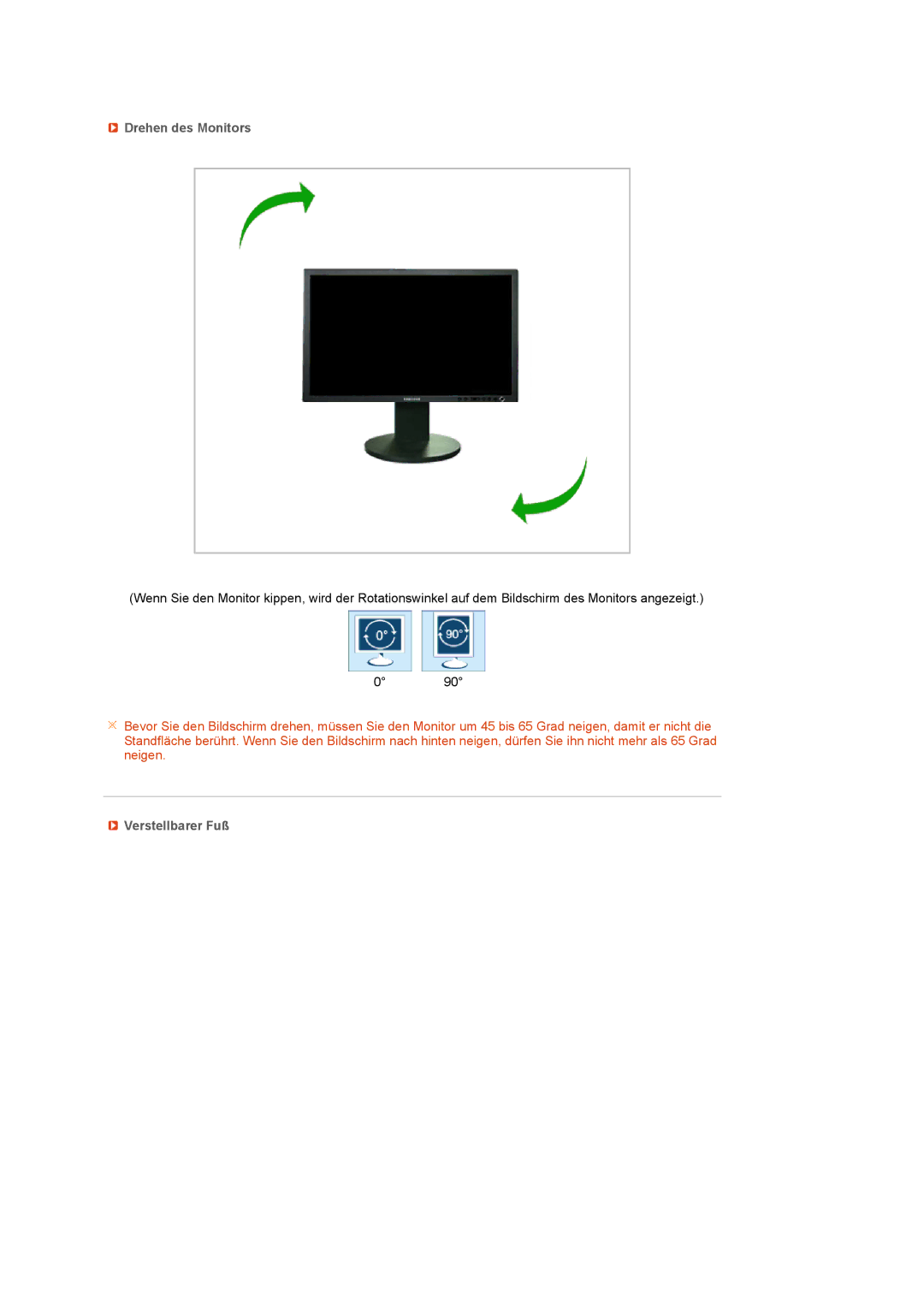 Samsung LS24HUCESQ/EDC, LS24HUCEBS/EDC, LS24HUCEBQ/EDC manual Drehen des Monitors, Verstellbarer Fuß 