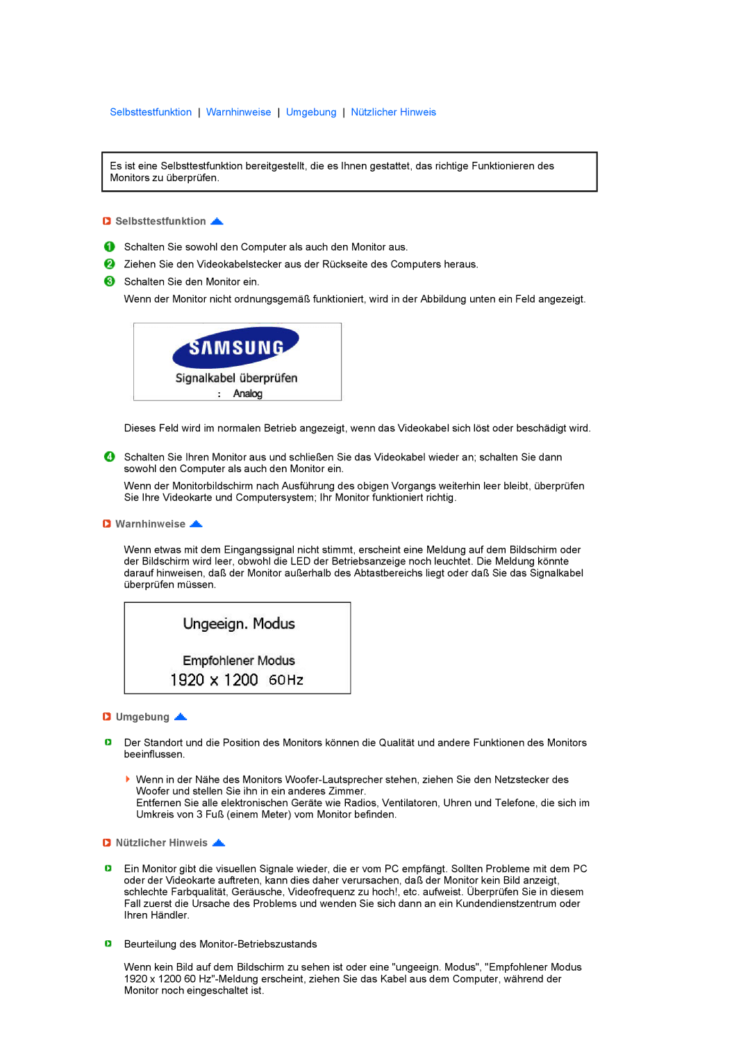 Samsung LS24HUCEBS/EDC, LS24HUCESQ/EDC, LS24HUCEBQ/EDC manual Selbsttestfunktion, Warnhinweise, Umgebung, Nützlicher Hinweis 