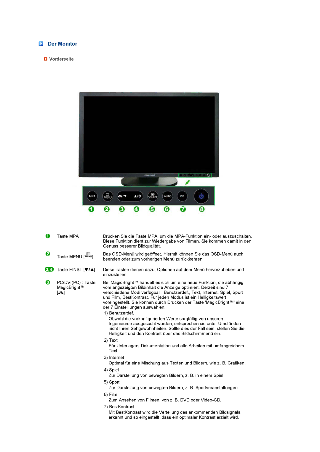 Samsung LS24HUCESQ/EDC, LS24HUCEBS/EDC, LS24HUCEBQ/EDC manual Der Monitor, Vorderseite 