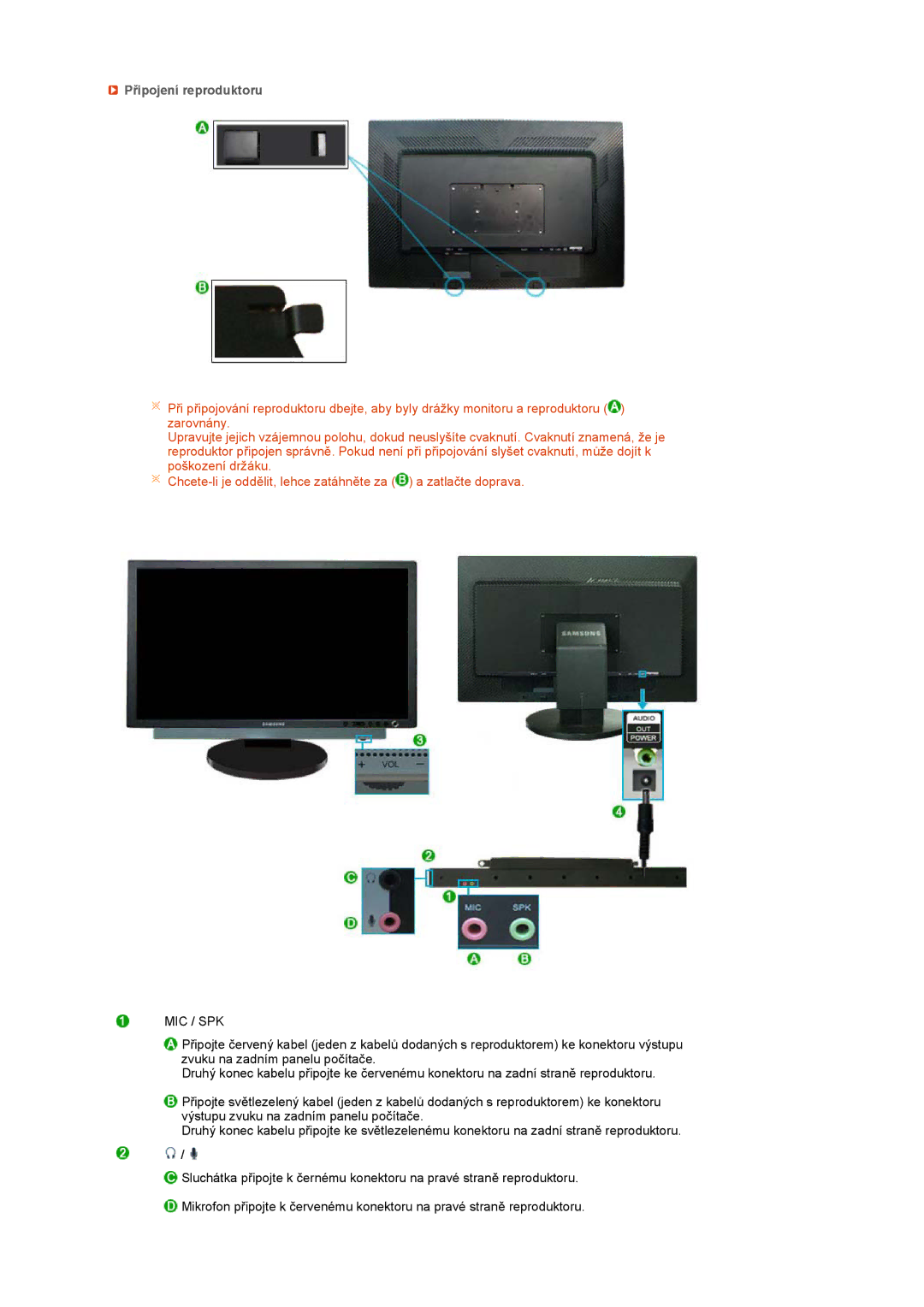 Samsung LS24HUCESQ/EDC, LS24HUCEBQ/EDC manual Připojení reproduktoru, Mic / Spk 