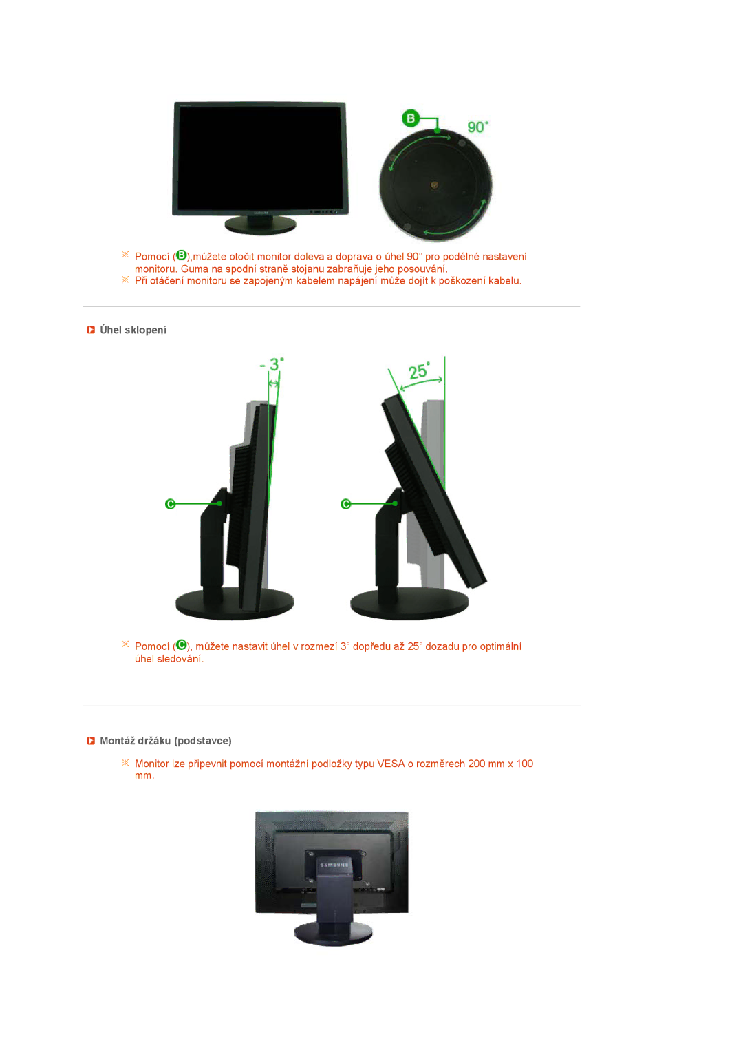 Samsung LS24HUCESQ/EDC, LS24HUCEBQ/EDC manual Úhel sklopení, Montáž držáku podstavce 