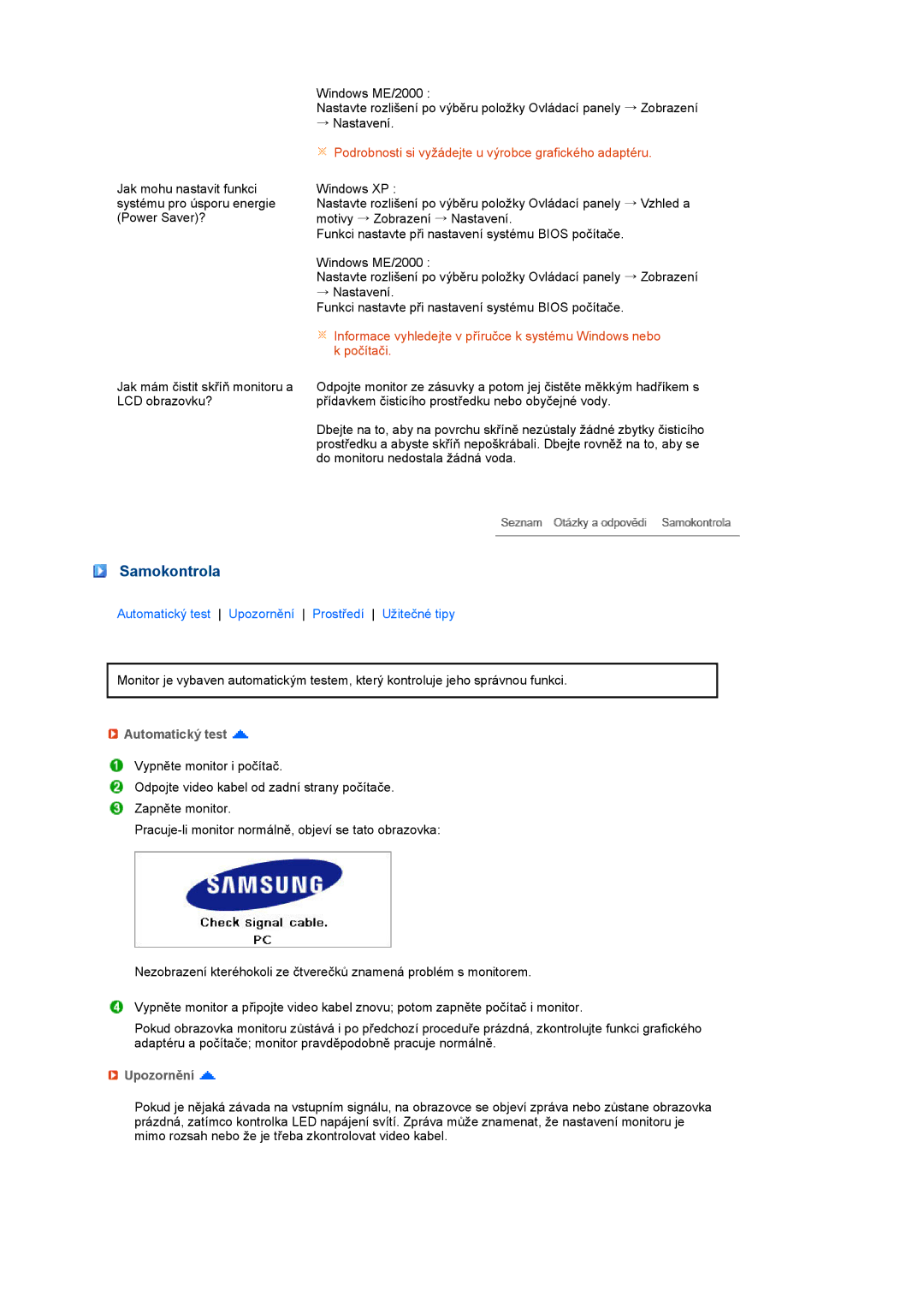 Samsung LS24HUCEBQ/EDC, LS24HUCESQ/EDC manual Samokontrola, Automatický test, Upozornění 