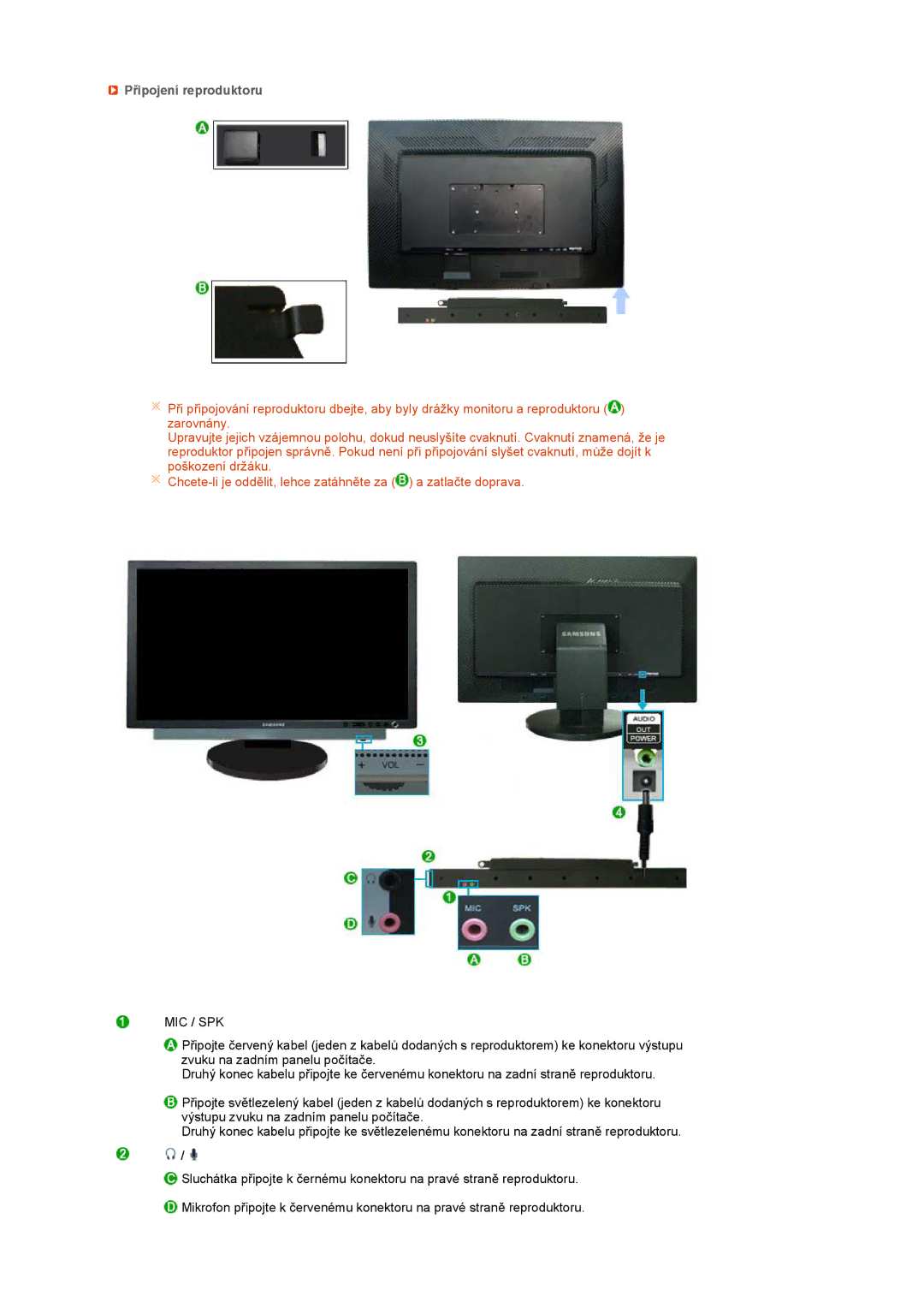 Samsung LS24HUCESQ/EDC, LS24HUCEBQ/EDC manual Připojení reproduktoru, Mic / Spk 