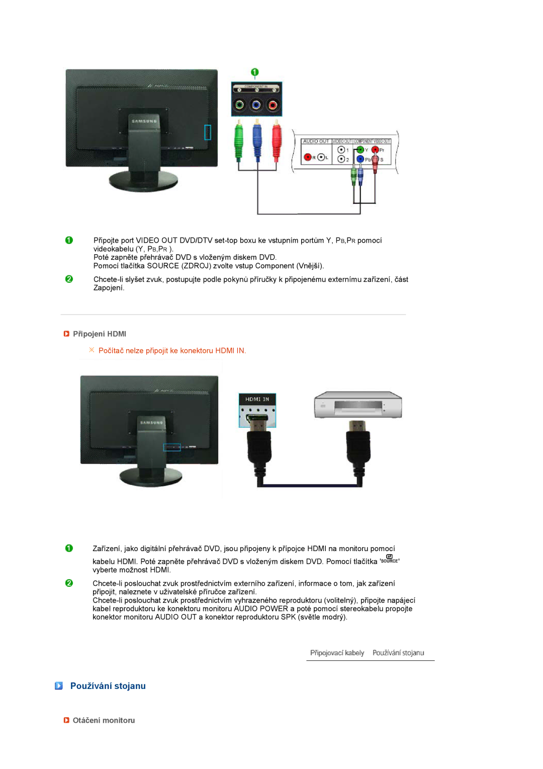 Samsung LS24HUCESQ/EDC, LS24HUCEBQ/EDC manual Používání stojanu, Připojení Hdmi, Otáčení monitoru 