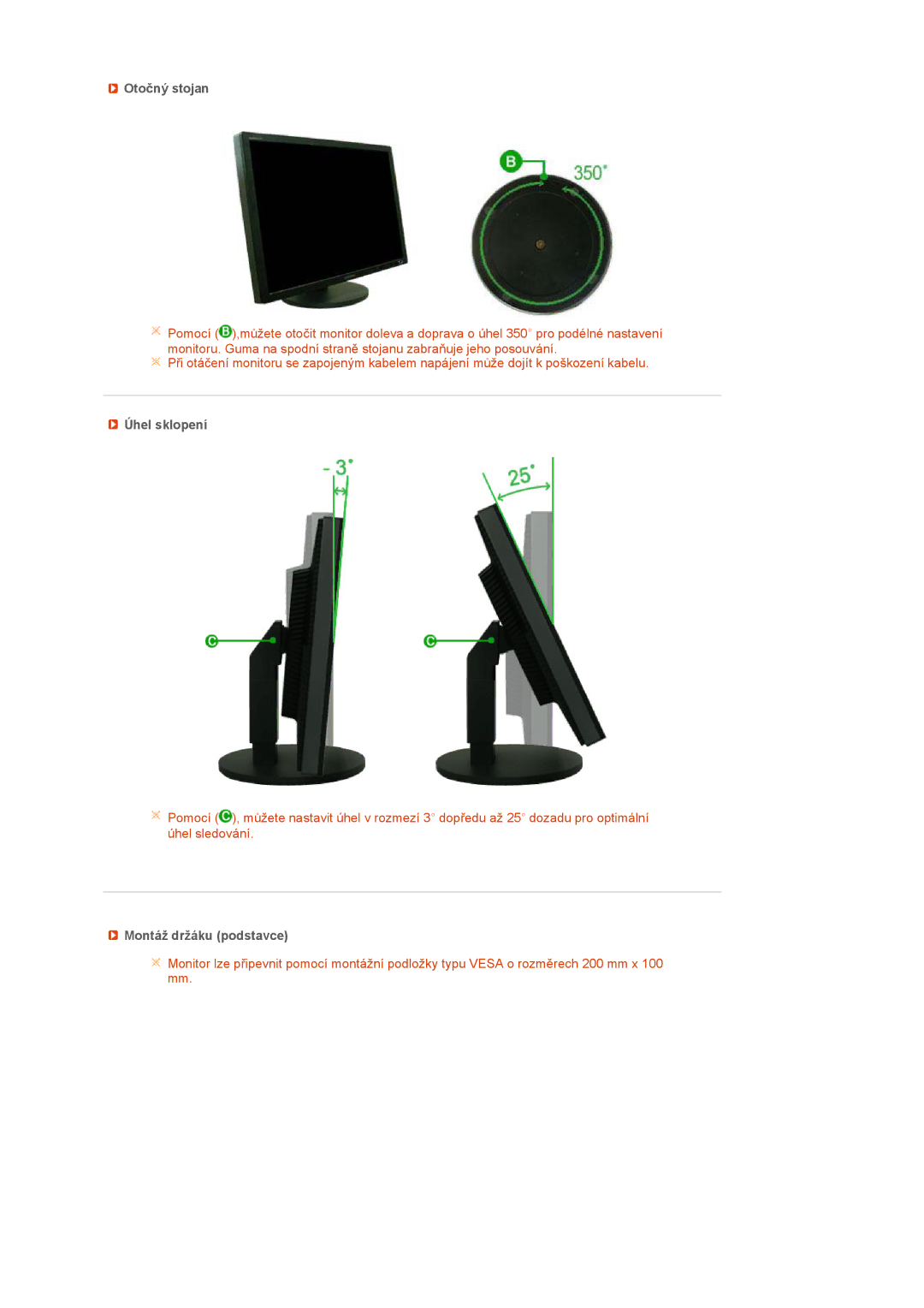 Samsung LS24HUCESQ/EDC, LS24HUCEBQ/EDC manual Otočný stojan, Úhel sklopení, Montáž držáku podstavce 