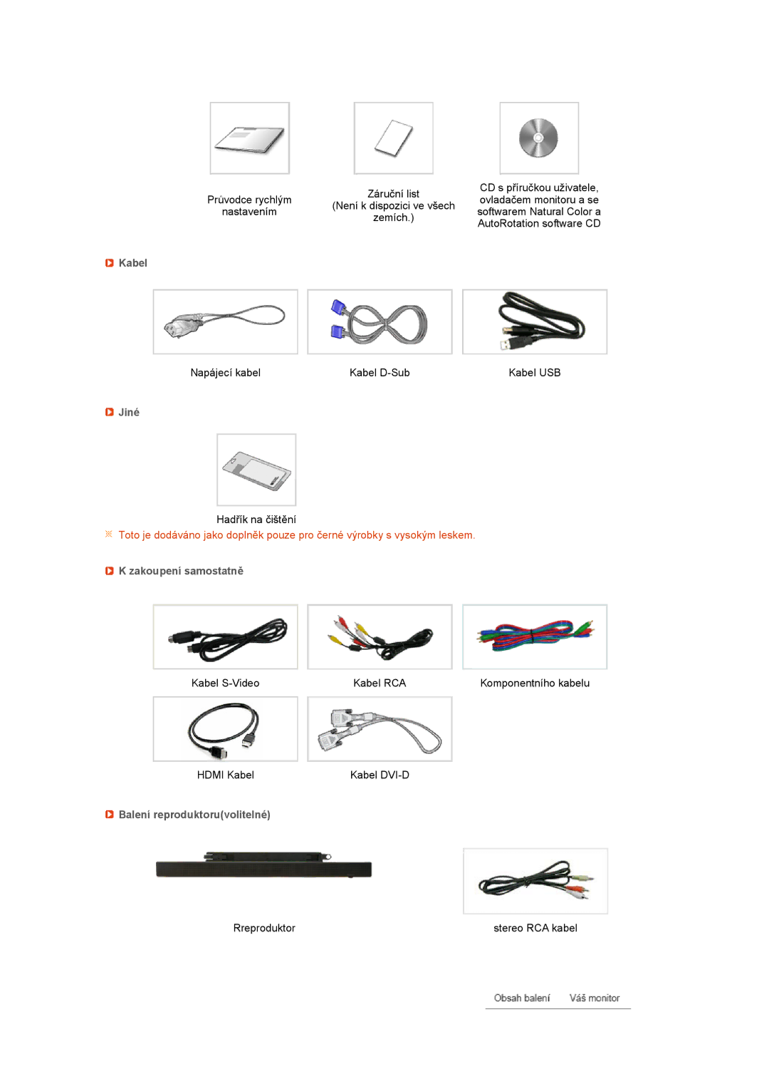 Samsung LS24HUCEBQ/EDC, LS24HUCESQ/EDC manual Kabel, Jiné, Zakoupení samostatně, Balení reproduktoruvolitelné 