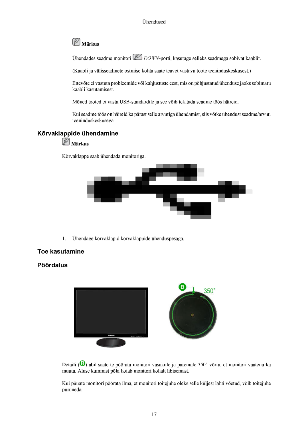 Samsung LS26KIEEFV/EDC, LS24KIEEFV/EDC, LS24KIERBQ/EDC, LS26KIERBQ/EDC Kõrvaklappide ühendamine, Toe kasutamine Pöördalus 