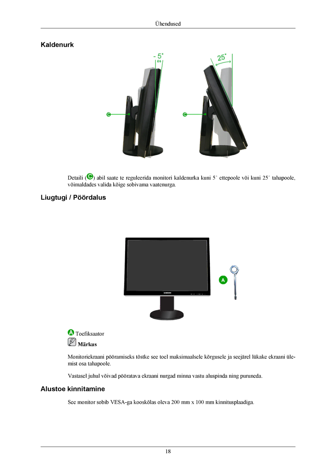 Samsung LS24KIEEFV/EDC, LS24KIERBQ/EDC, LS26KIERBQ/EDC, LS26KIEEFV/EDC Kaldenurk, Liugtugi / Pöördalus, Alustoe kinnitamine 