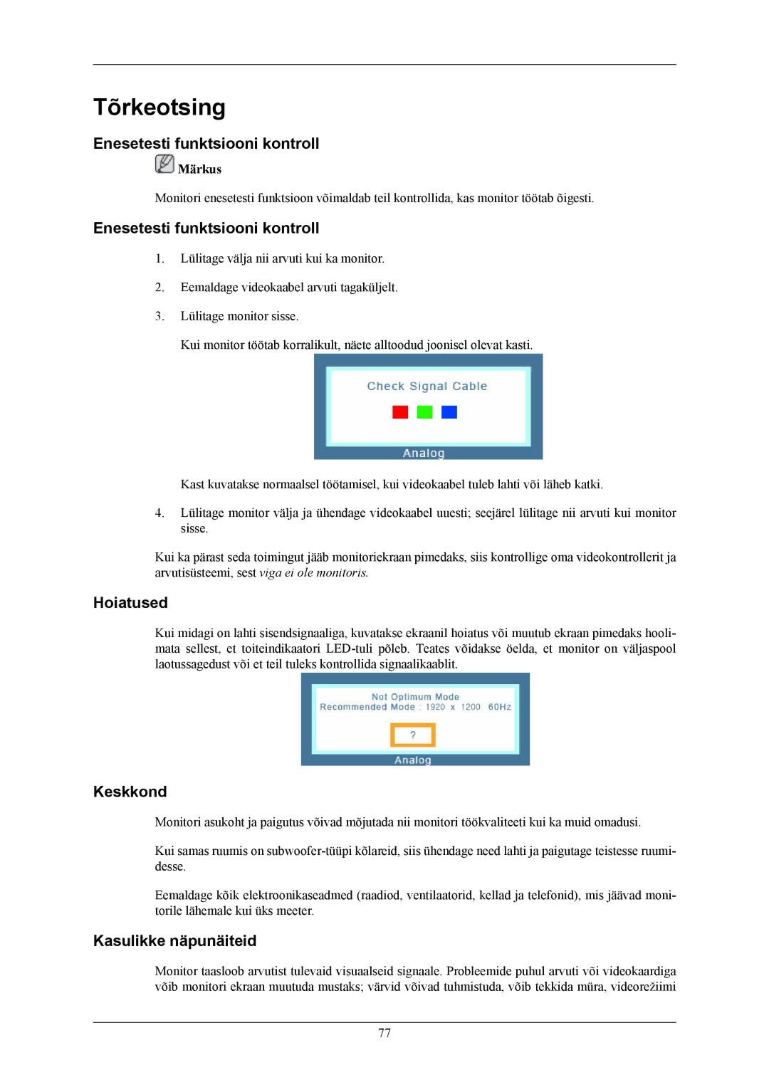 Samsung LS26KIERBQ/EDC, LS24KIEEFV/EDC manual Enesetesti funktsiooni kontroll, Hoiatused, Keskkond, Kasulikke näpunäiteid 