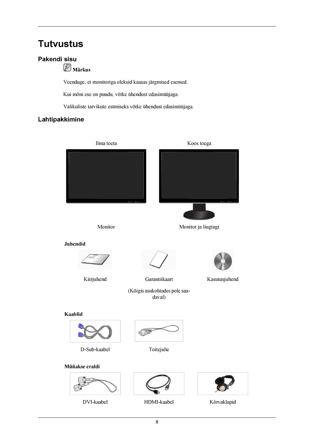 Samsung LS26KIERBQ/EDC, LS24KIEEFV/EDC, LS24KIERBQ/EDC, LS26KIEEFV/EDC manual Pakendi sisu, Lahtipakkimine 