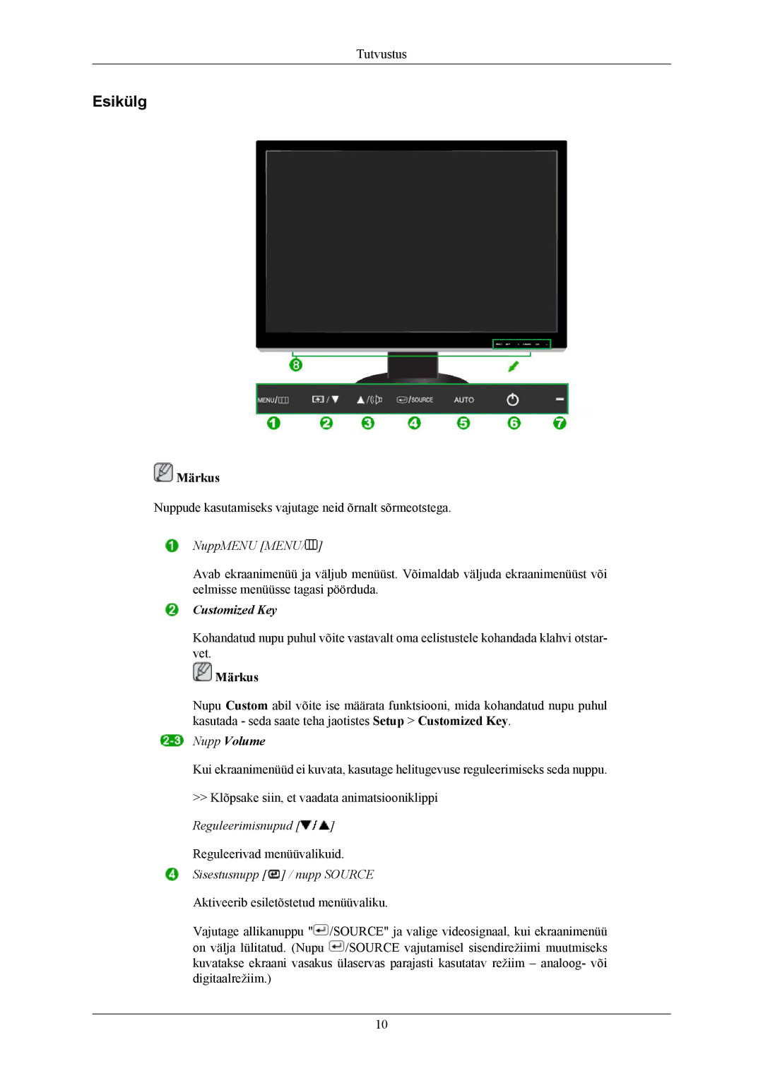 Samsung LS24KIEEFV/EDC, LS24KIERBQ/EDC, LS26KIERBQ/EDC, LS26KIEEFV/EDC manual Esikülg, NuppMENU Menu 