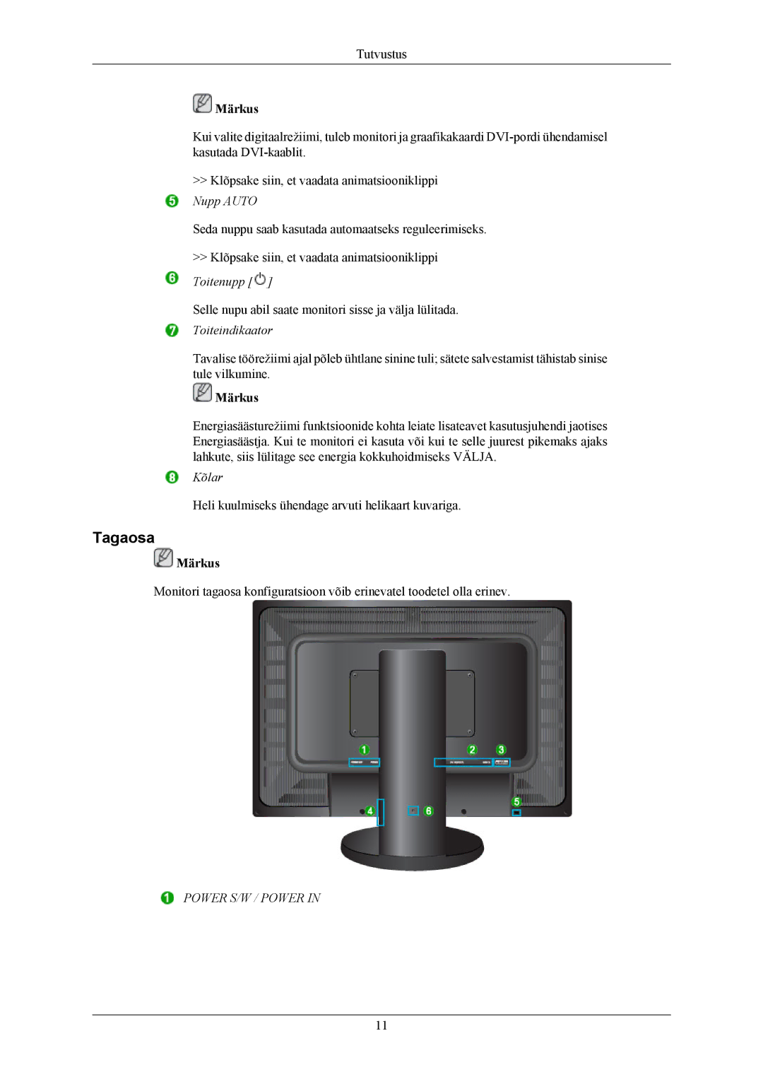 Samsung LS24KIERBQ/EDC, LS24KIEEFV/EDC, LS26KIERBQ/EDC, LS26KIEEFV/EDC manual Tagaosa, Toiteindikaator 