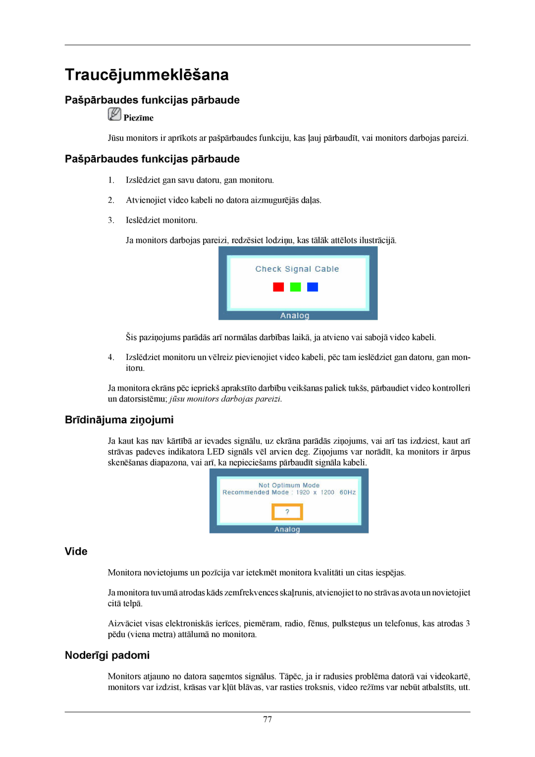 Samsung LS26KIERBQ/EDC, LS24KIEEFV/EDC manual Pašpārbaudes funkcijas pārbaude, Brīdinājuma ziņojumi, Vide, Noderīgi padomi 