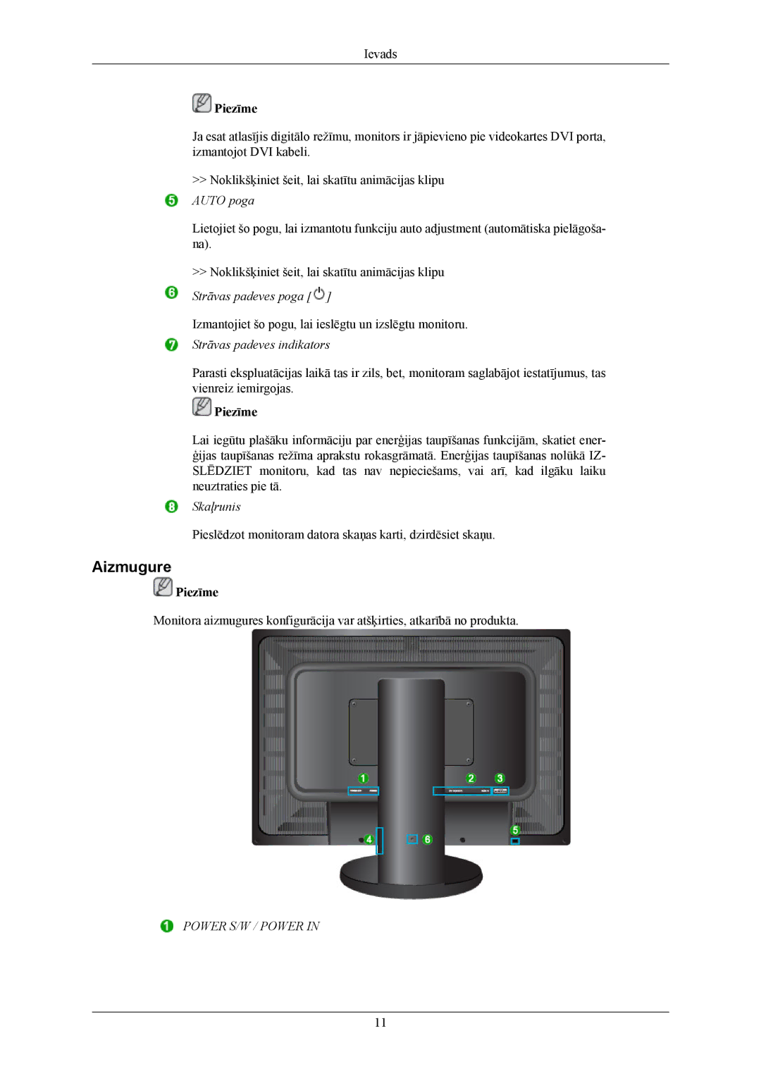 Samsung LS24KIERBQ/EDC, LS24KIEEFV/EDC, LS26KIERBQ/EDC, LS26KIEEFV/EDC manual Aizmugure, Strāvas padeves indikators 