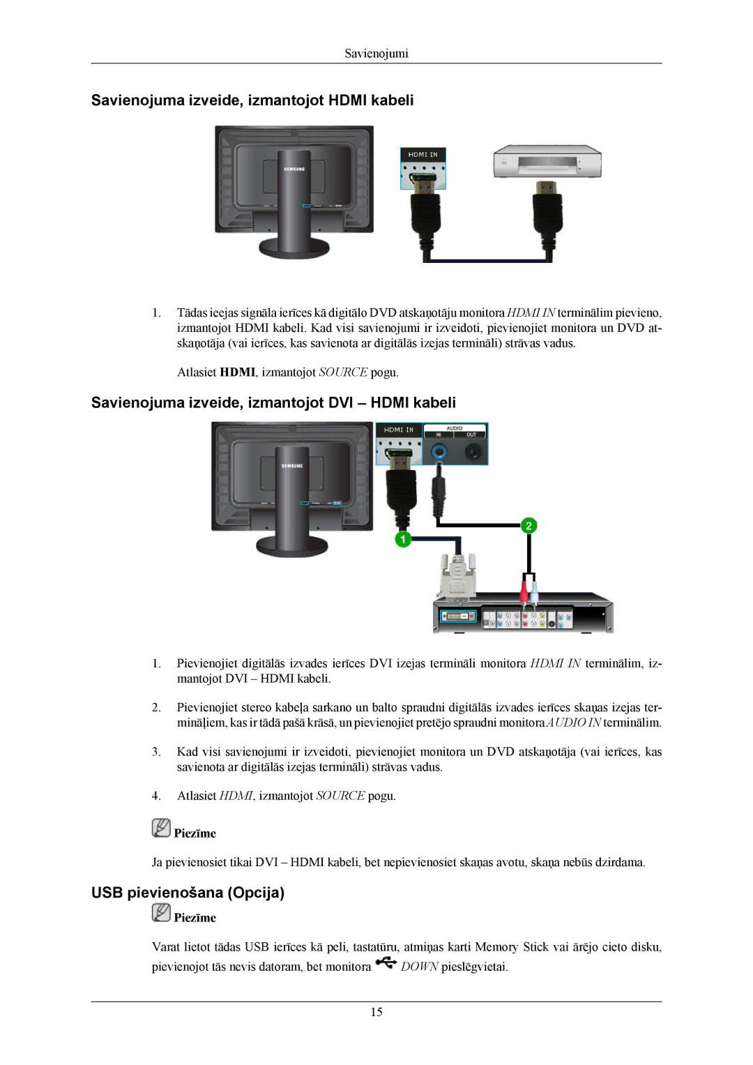 Samsung LS24KIERBQ/EDC manual Savienojuma izveide, izmantojot Hdmi kabeli, Savienojuma izveide, izmantojot DVI Hdmi kabeli 