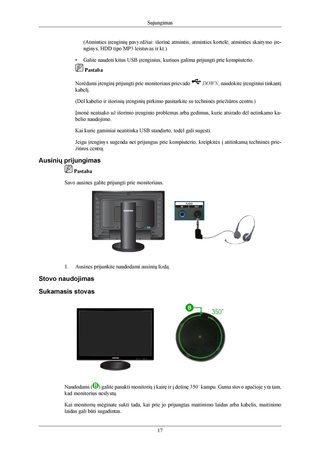 Samsung LS26KIEEFV/EDC, LS24KIEEFV/EDC, LS24KIERBQ/EDC manual Ausinių prijungimas, Stovo naudojimas Sukamasis stovas 