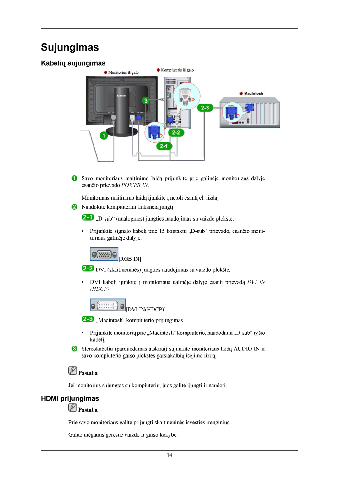 Samsung LS24KIEEFV/EDC, LS24KIERBQ/EDC, LS26KIERBQ/EDC, LS26KIEEFV/EDC manual Kabelių sujungimas, Hdmi prijungimas 