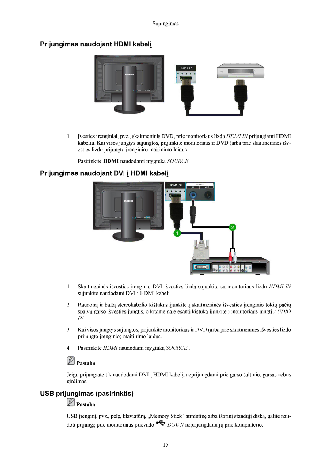 Samsung LS24KIERBQ/EDC, LS24KIEEFV/EDC manual Prijungimas naudojant Hdmi kabelį, Prijungimas naudojant DVI į Hdmi kabelį 