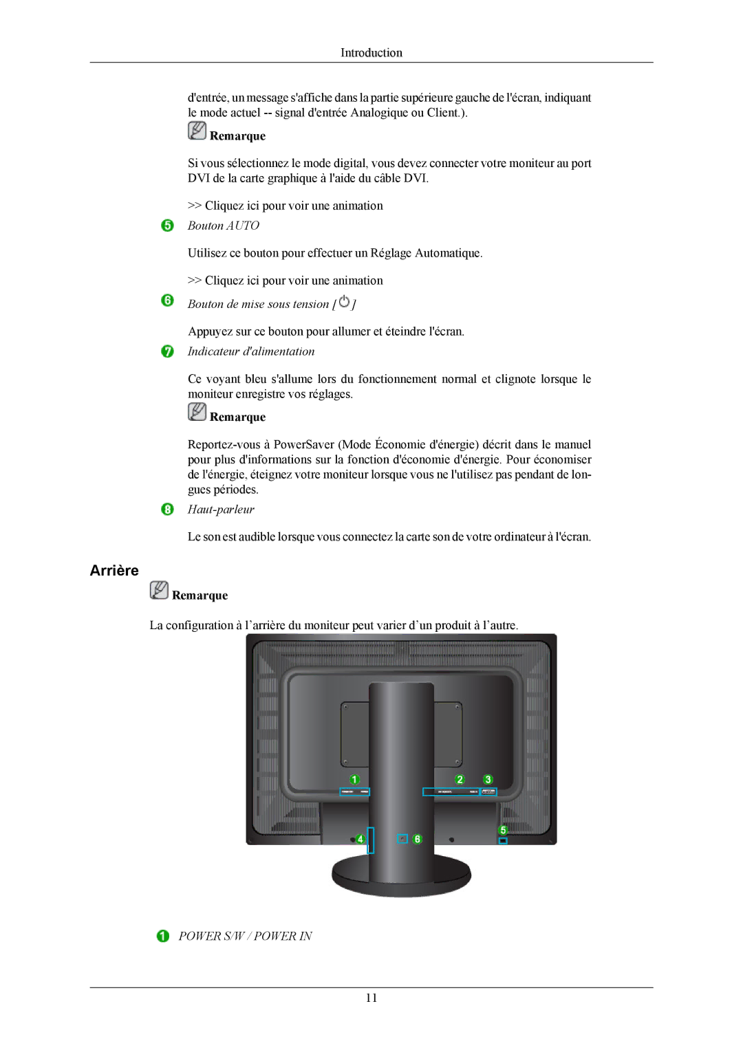 Samsung LS24KIEEFV/EDC, LS24KIERBQ/EDC, LS26KIERFV/EDC, LS26KIERBQ/EDC, LS26KIEEFV/EDC manual Arrière, Indicateur dalimentation 