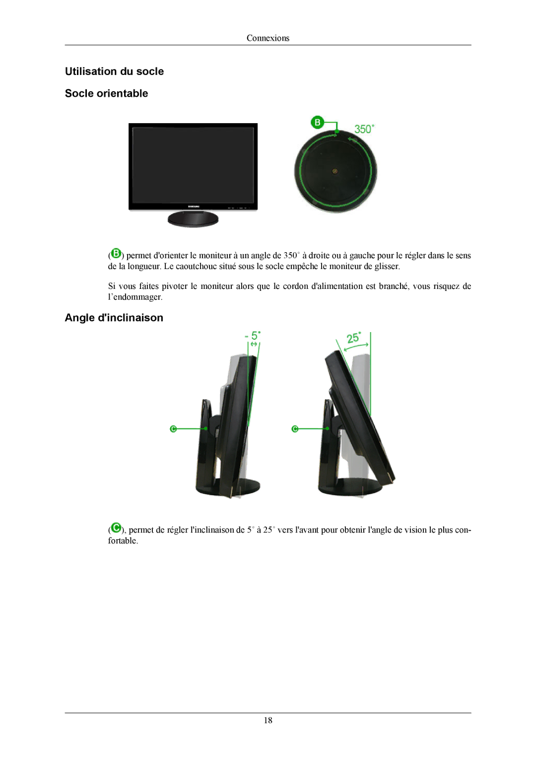 Samsung LS24KIERBQ/EDC, LS24KIEEFV/EDC, LS26KIERFV/EDC manual Utilisation du socle Socle orientable, Angle dinclinaison 