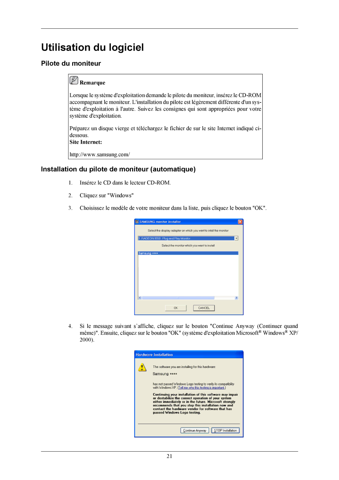 Samsung LS26KIEEFV/EDC manual Utilisation du logiciel, Pilote du moniteur, Installation du pilote de moniteur automatique 