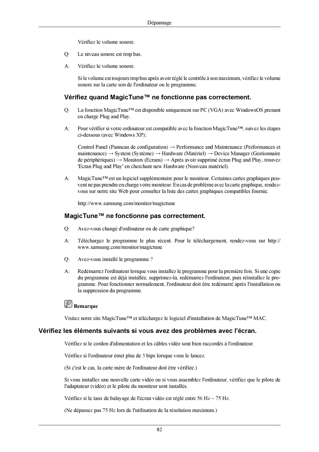 Samsung LS24KIERFV/EDC, LS24KIEEFV/EDC, LS24KIERBQ/EDC manual Vérifiez quand MagicTune ne fonctionne pas correctement 