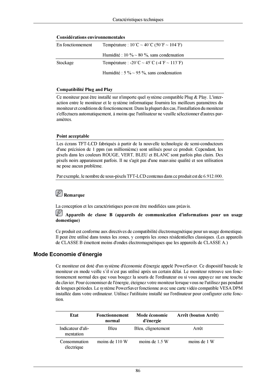 Samsung LS26KIERBQ/EDC, LS24KIEEFV/EDC, LS24KIERBQ/EDC manual Mode Economie dénergie, Considérations environnementales 