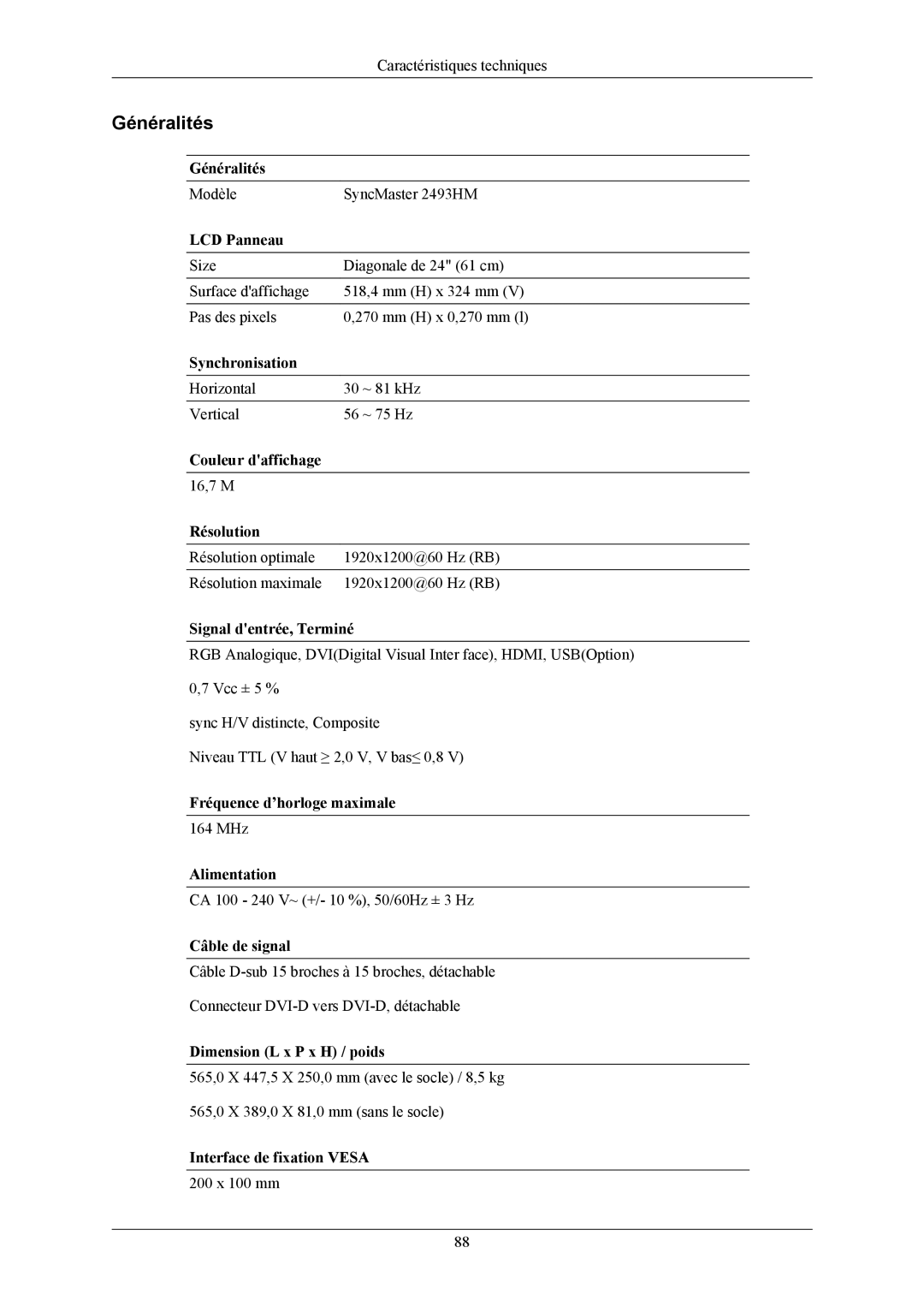 Samsung LS24KIERFV/EDC, LS24KIEEFV/EDC, LS24KIERBQ/EDC, LS26KIERFV/EDC, LS26KIERBQ/EDC manual Modèle SyncMaster 2493HM 