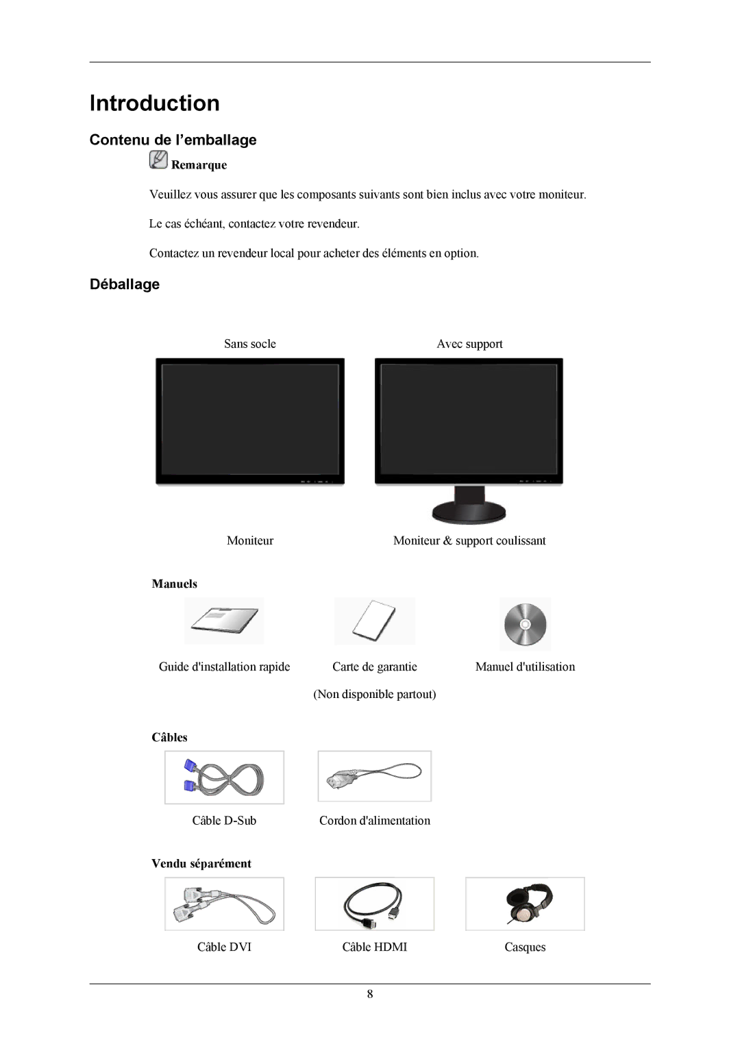 Samsung LS26KIERBQ/EDC, LS24KIEEFV/EDC, LS24KIERBQ/EDC, LS26KIERFV/EDC manual Introduction, Contenu de l’emballage, Déballage 