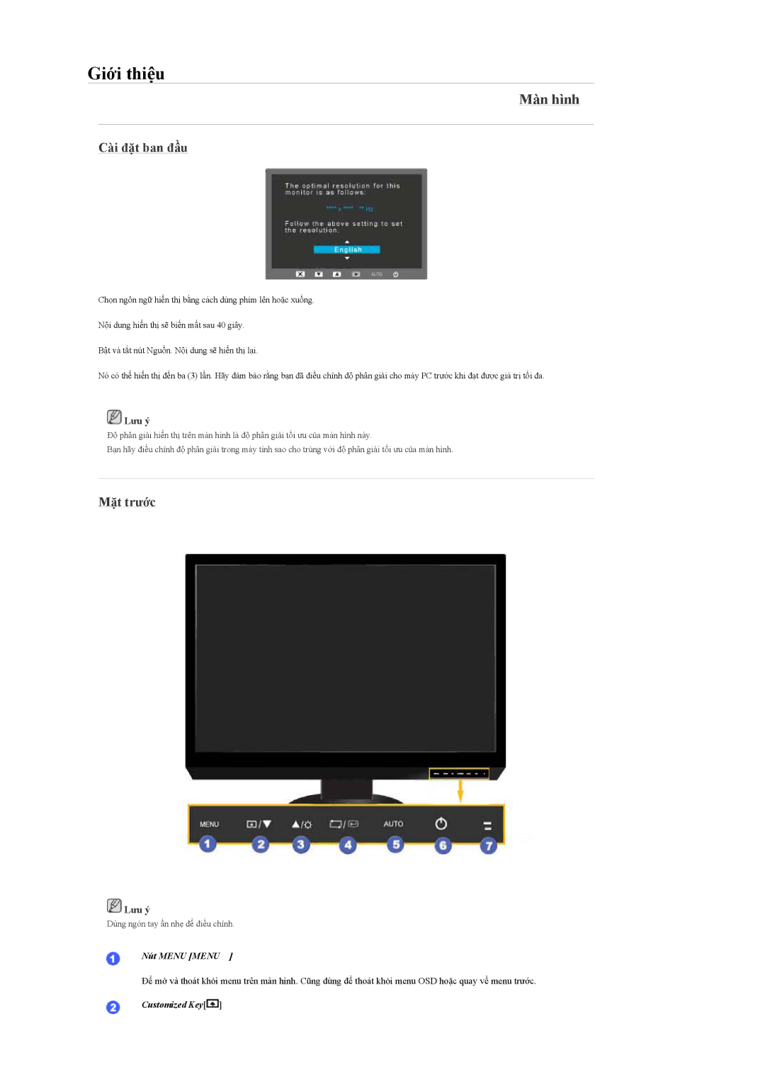 Samsung LS24KILKBQ/CH manual Màn hình, Cài đặt ban đầu, Mặt trước 