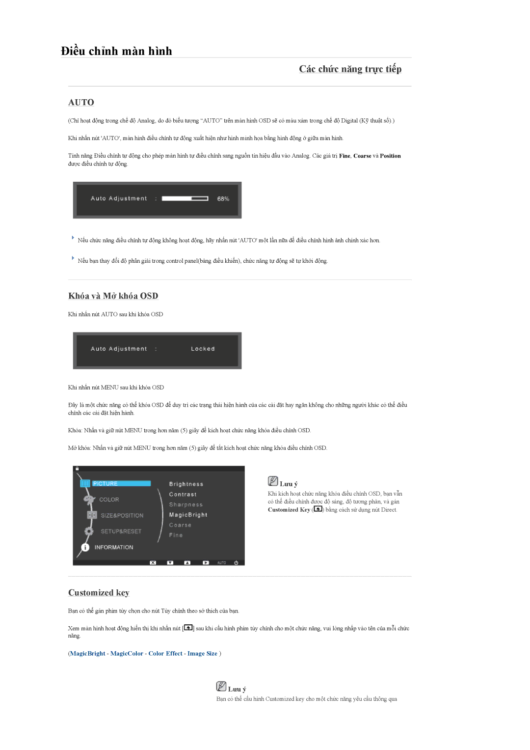 Samsung LS24KILKBQ/CH manual Điều chỉnh màn hình, Các chức năng trực tiếp, Khóa và Mở khóa OSD, Customized key 