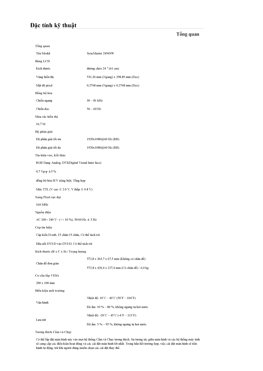 Samsung LS24KILKBQ/CH manual Tên Model SyncMaster 2494SW 