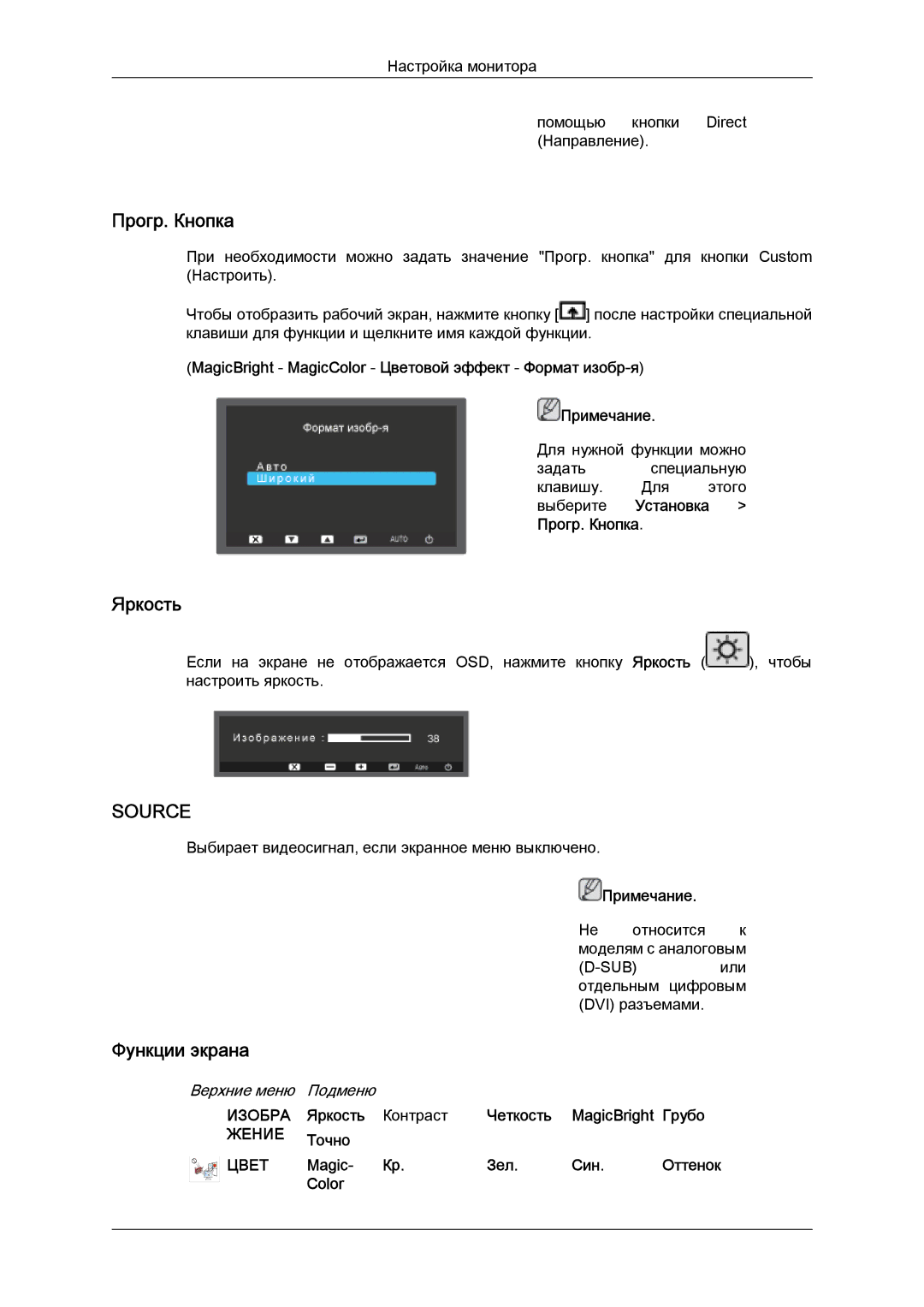 Samsung LS24KILKBQ/EN manual Прогр. Кнопка, Яркость, Функции экрана 