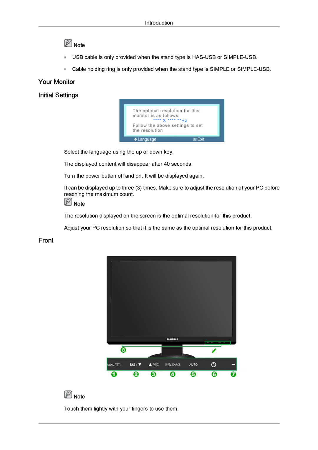 Samsung LS24KIVKBQ/EDC, LS24KIQRFV/EDC, LS24KIQRBQ/EN, LS24KIVKBQ/HS, LS24KIVKBQ/ZN manual Your Monitor Initial Settings, Front 