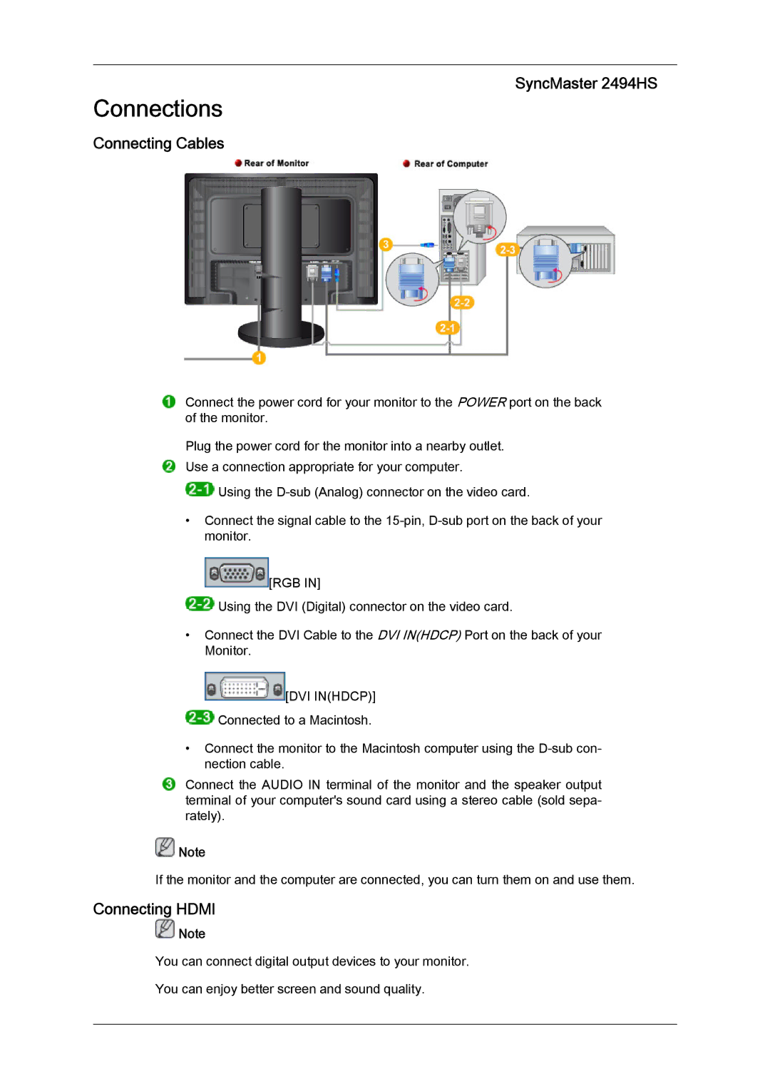 Samsung LS24KIVKBQ/ZN, LS24KIQRFV/EDC, LS24KIQRBQ/EN, LS24KIVKBQ/EDC manual Connections, Connecting Cables, Connecting Hdmi 