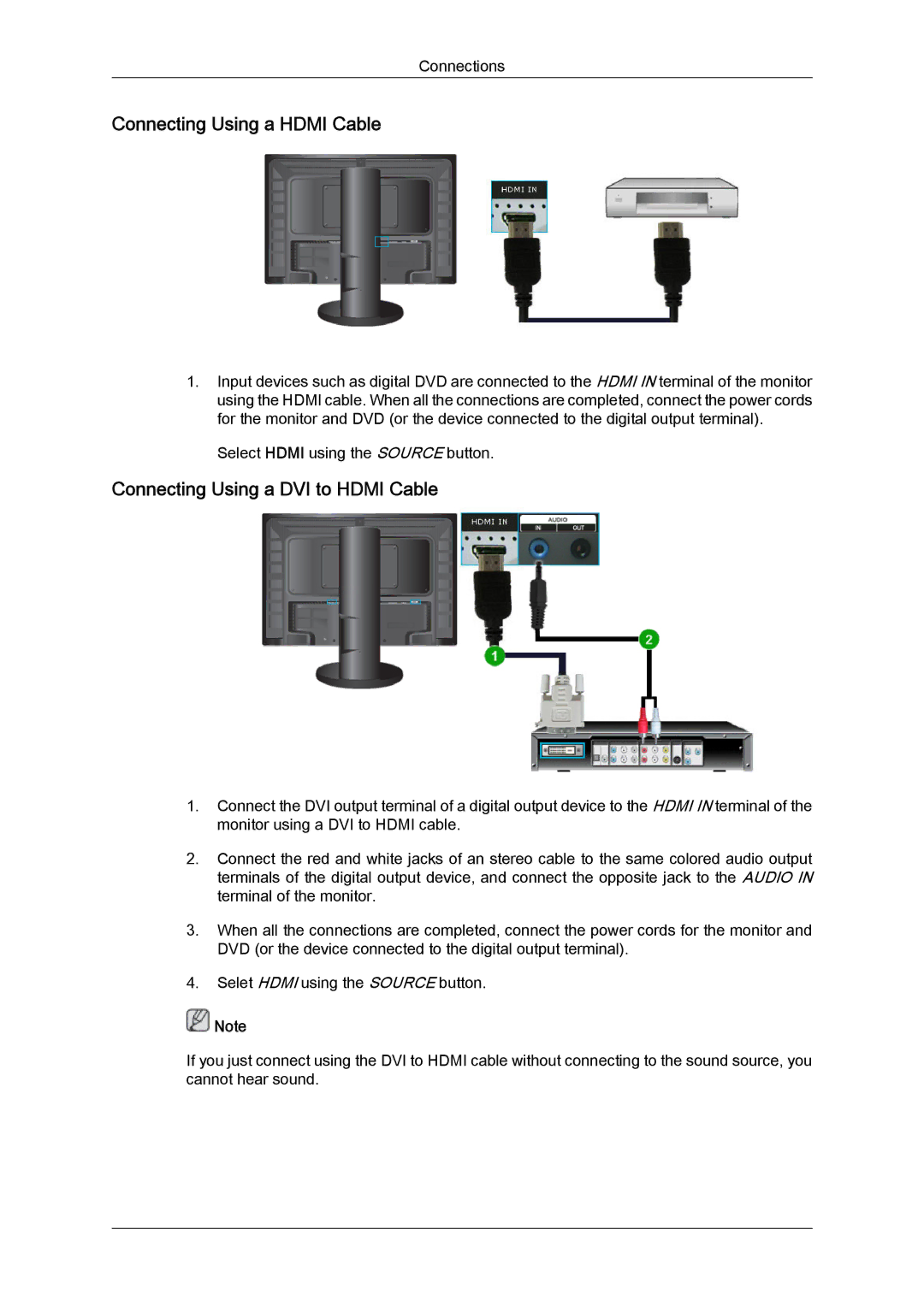 Samsung LS24KIVKBQ/XAA, LS24KIQRFV/EDC, LS24KIQRBQ/EN Connecting Using a Hdmi Cable, Connecting Using a DVI to Hdmi Cable 